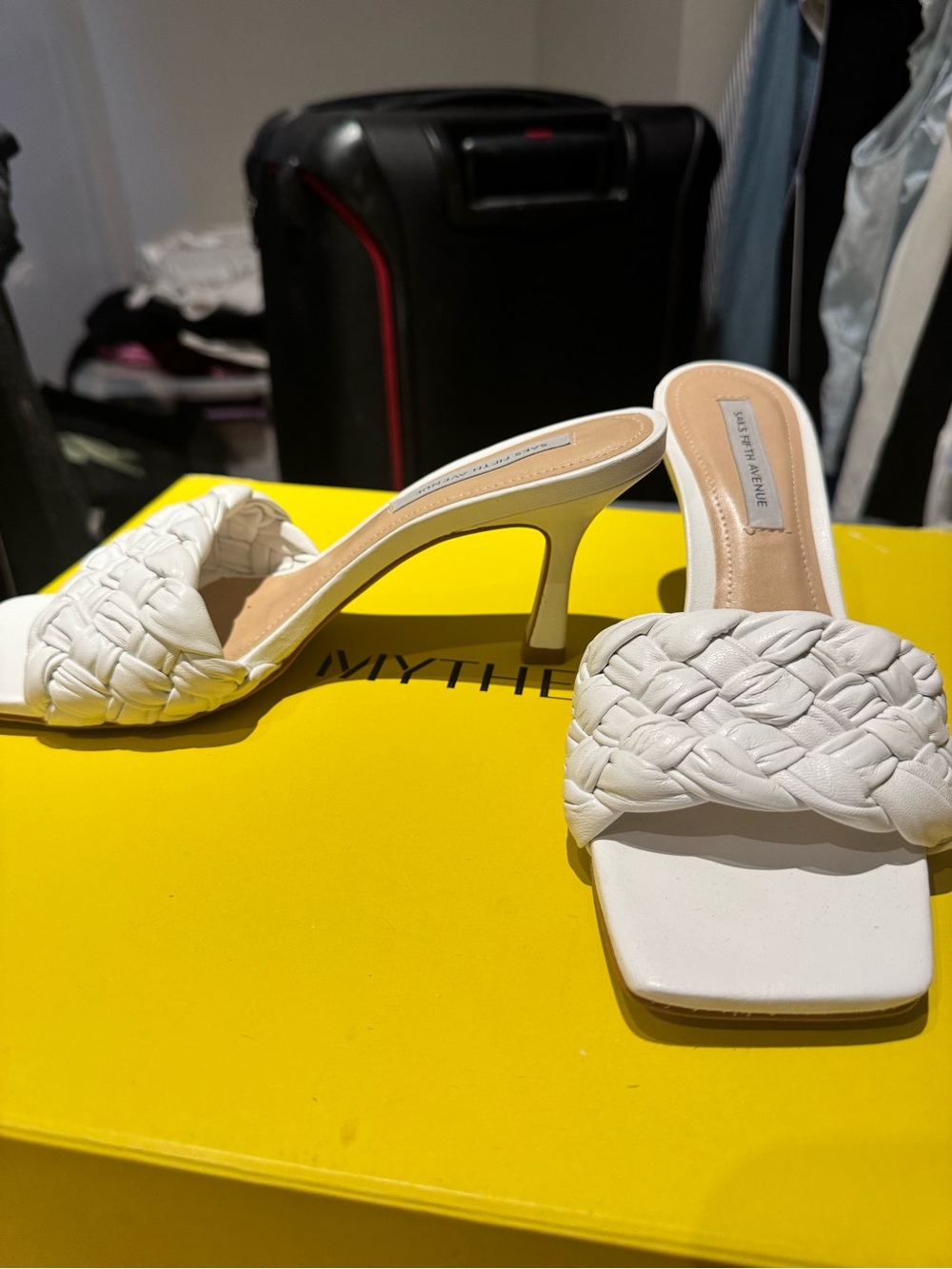 Saks Fifth Avenue White Braided Square-Toe Mule Heels
